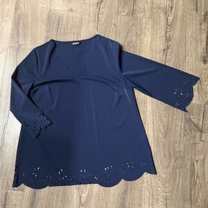 BloomChic Navy Blue Blouse with Scalloped Floral Edges NWOT